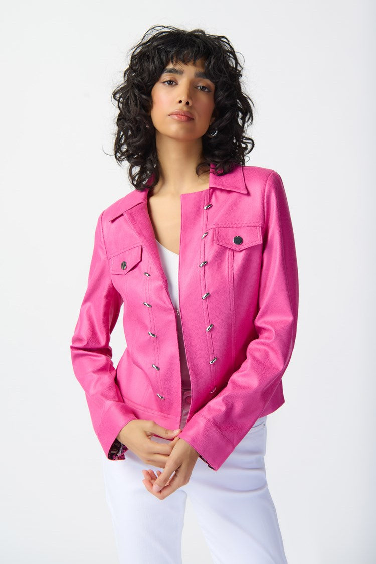 Elevate your style with a chic pink leather jacket featuring metal trims, suitable for both casual and formal occasions
