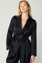 Load image into Gallery viewer, Elegant black suit with cinched waist, single button closure, notched lapels, and flap pockets for a formal occasion.
