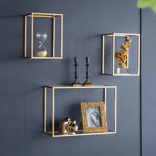 Load image into Gallery viewer, Set of 6 floating wall shelves with gold frame and rectangular/square designs, accented with iron and veneer for a glamorous touch.
