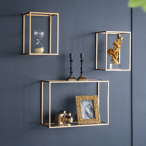 Set of 6 floating wall shelves with gold frame and rectangular/square designs, accented with iron and veneer for a glamorous touch.