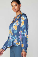 Load image into Gallery viewer, Stylish blue top adorned with beautiful flowers.
