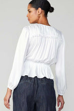 Load image into Gallery viewer, Look chic in this white long sleeve V-neck blouse adorned with elegant ruffles.
