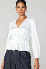 Load image into Gallery viewer, Elevate your style with this white V-neck blouse featuring beautiful ruffles and long sleeves.
