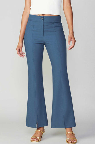 High waist flared blue pants, perfect for a trendy and stylish look.