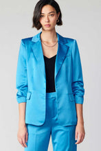 Load image into Gallery viewer, A bold, bright blazer with an open front, tie belt, and shirred three-quarter sleeves. Perfect with the matching pants for a stunning outfit.
