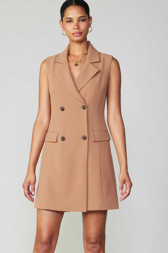 Elevate your style with this luxurious tan blazer dress, featuring a double-breasted design and a longline silhouette.