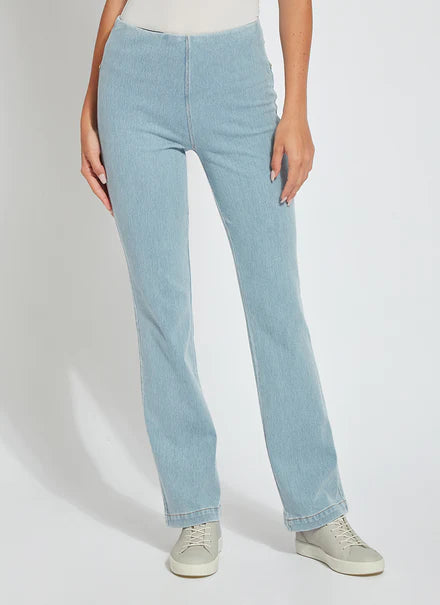 Stretchy Knit Denim Baby Bootcut: Pull-on style, concealed waistband, studded back pockets, contrast stitching. Skims hips and thighs, open bootcut leg. Ideal for work or leisure.