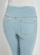 Load image into Gallery viewer, Back view of woman wearing jeans; stretchy Knit Denim; pull-on style; concealed waistband; studded back pockets; contrast stitching; hips &amp; thighs skimmed; open bootcut leg. Perfect for work or leisure.
