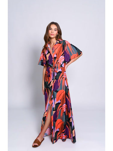 Stylish model dons a Hutch Layton Dress, a colorful floral print Maxi Shirt Dress with kimono-style sleeves and button-down.