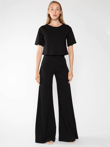 Black cropped top and wide leg pants, the perfect high-waist, Ponte knit pant with exaggerated wide leg and slimming high waistline.