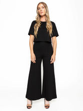 Load image into Gallery viewer, Black cropped top and wide leg pants made from Ponte knit fabric. Slimming and elongating, perfect for petite ladies and flat or heel lovers.
