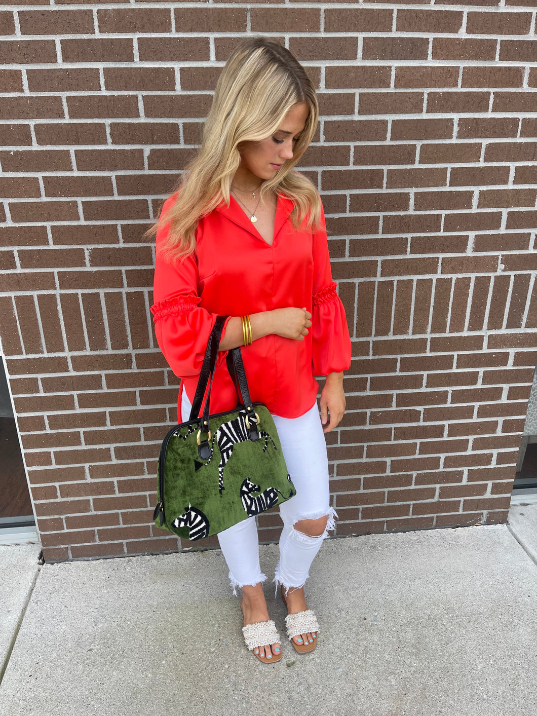 Velvet green zebra print handbag