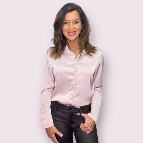 Elevate your style with the Killian Satin Top! Dusty pink button-down exudes class and sophistication. Look sharp and stylish all day long.