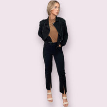 Load image into Gallery viewer, Black scuba fabric trousers with stylish slit hem by Lola &amp; Sophie.
