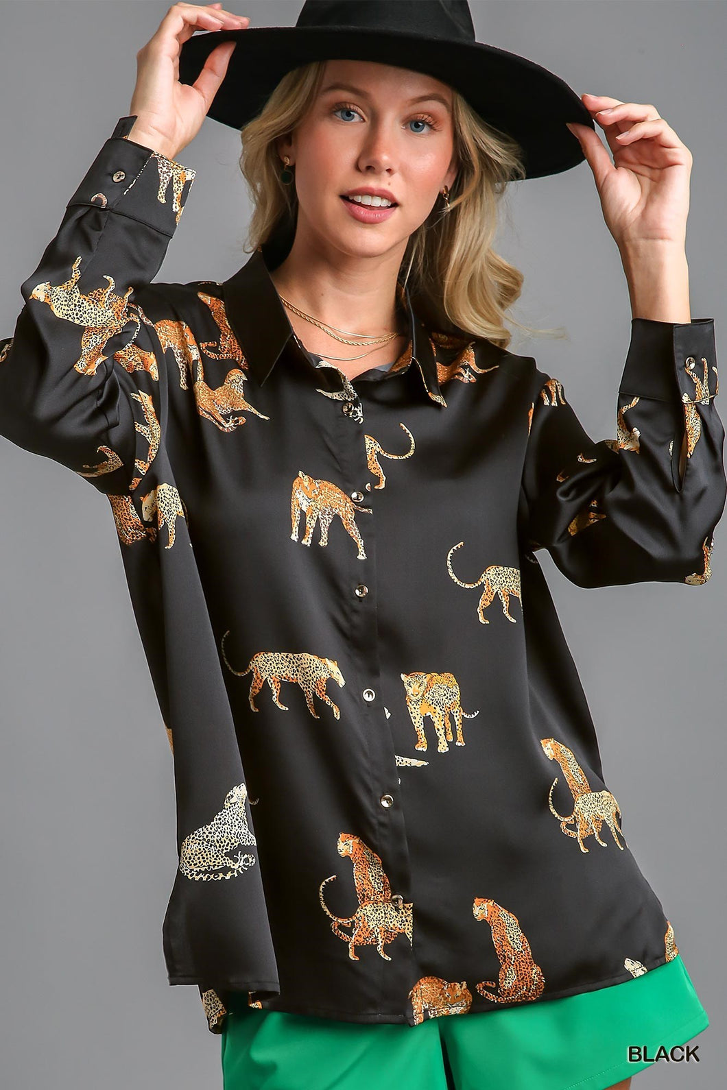 Black Satin Animal Print Top