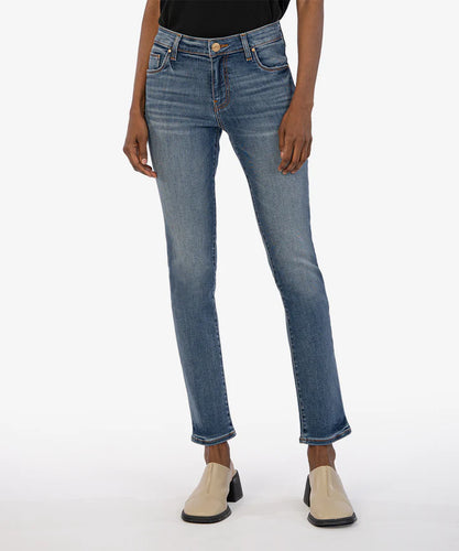 Stylish denim jeans with a faded stretch fabric. Includes Fab Ab front pockets for a flatting fit.