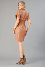 Load image into Gallery viewer, Cognac short sleeve kimono dress with attached belt, elastic back waist, snap front closure. 100% polyester.
