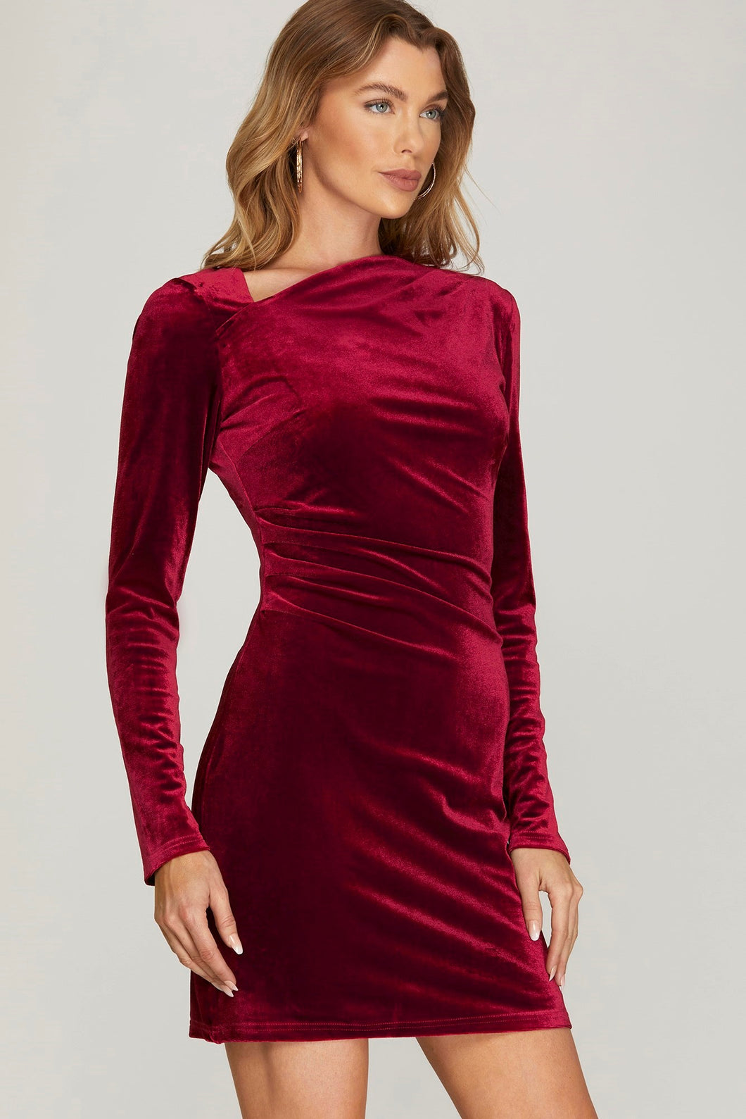 Giden Shirring Velvet Dress