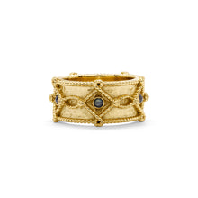 Load image into Gallery viewer, Gold band with black diamonds, Victoria Ring Band in Hammered Gold/Blue Labradorite, Size 7.
