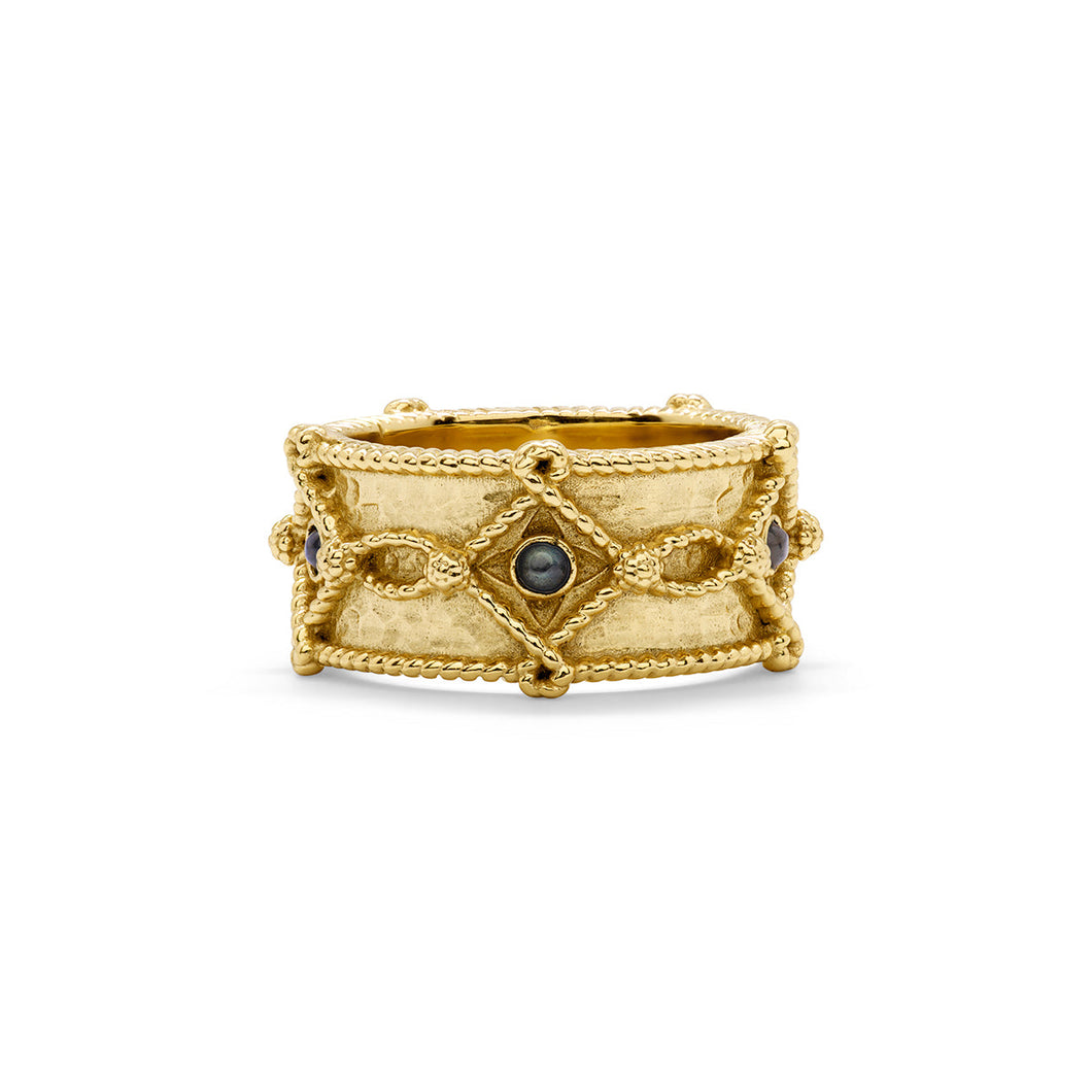Gold band with black diamonds, Victoria Ring Band in Hammered Gold/Blue Labradorite, Size 8.