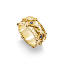 Load image into Gallery viewer, Elegant gold band featuring black diamonds, Victoria Ring Band in Hammered Gold/Blue Labradorite, Size 7.
