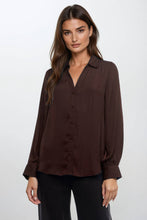 Load image into Gallery viewer, Brown v-neck collared long sleeve button up shirt.
