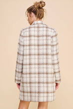 Load image into Gallery viewer, Plaid boucle cream and mocha long coat.
