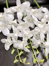 Load image into Gallery viewer, White orchids on black leather couch: lifelike faux stems with bendable stems. Perfect for large arrangements, centerpieces, or cut for corsages, boutonnieres, and bouquets. 7 real touch blooms per stem.
