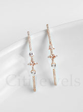 Load image into Gallery viewer, Elegant CZ wire threader earrings featuring three distinct shaped stones in sterling silver with gold, silver, rose gold, and black rhodium finishes.

