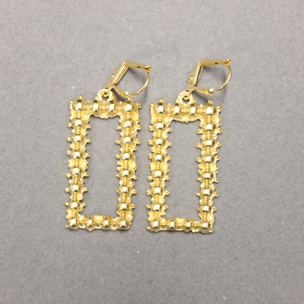Gold Rectangular Dangle Earrings. Clamp Back.