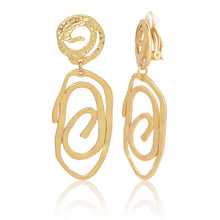 Load image into Gallery viewer, Stylish clip-on earrings featuring a smooth, elongated swirling drop, measuring 1.75&quot; long, in gold, silver, and rose gold.
