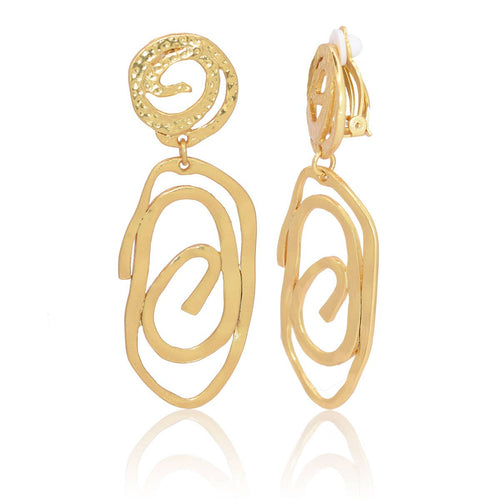 Stylish clip-on earrings featuring a smooth, elongated swirling drop, measuring 1.75