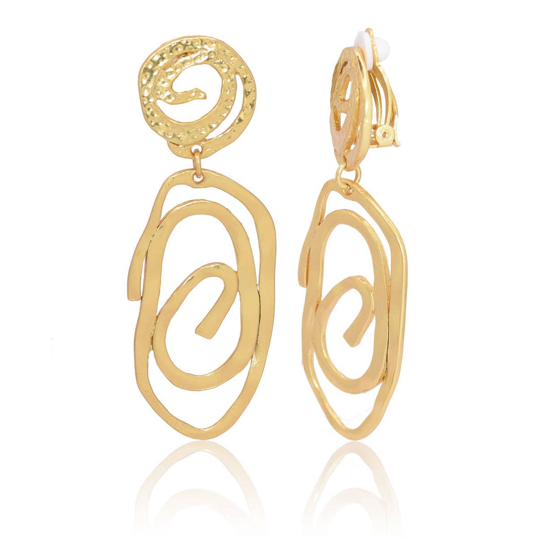Stylish clip-on earrings featuring a smooth, elongated swirling drop, measuring 1.75