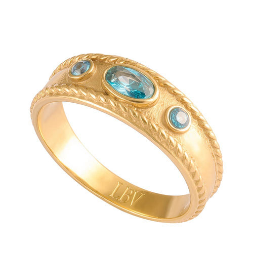 14K gold-plated Waterproof ring with Zircon Aquamarine Stones in size 7.