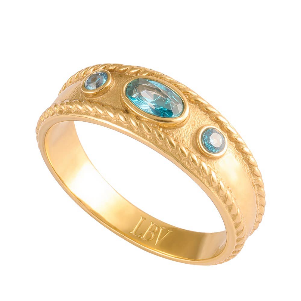 14K gold-plated Waterproof ring with Zircon Aquamarine Stones in size 7.