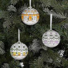 Load image into Gallery viewer, Elegant Hermes-inspired Christmas ornament: white Decoupage Baubles with intricate illustrations on organza ribbon.
