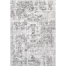 Load image into Gallery viewer, Enhance your space with a sophisticated gray and white rug adorned with ornate designs. Crafted from 100% polyester, this machine-made rug adds a touch of elegance to any room.
