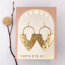 Load image into Gallery viewer, Gold plated hammered brass earrings, lead and nickel free. Size: 2.25&quot; x 1.25&quot;. 100% Made in the USA.
