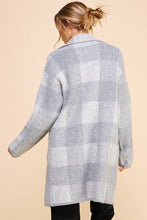 Load image into Gallery viewer, Grey plaid cardigan with structured pockets and collar. Soft, plush and elevated makes it great for versatile looks.
