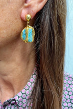 Load image into Gallery viewer, Elegant amazonite stone earrings with polished button studs, 2&quot; long, made of gold-plated pewter alloy.
