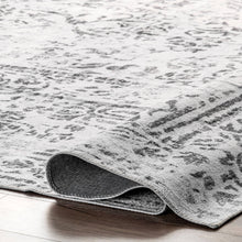 Load image into Gallery viewer, Elevate your interior with a sophisticated gray and white rug on a wooden floor, exemplifying nuLOOM&#39;s dedication to blending floor coverings and art.
