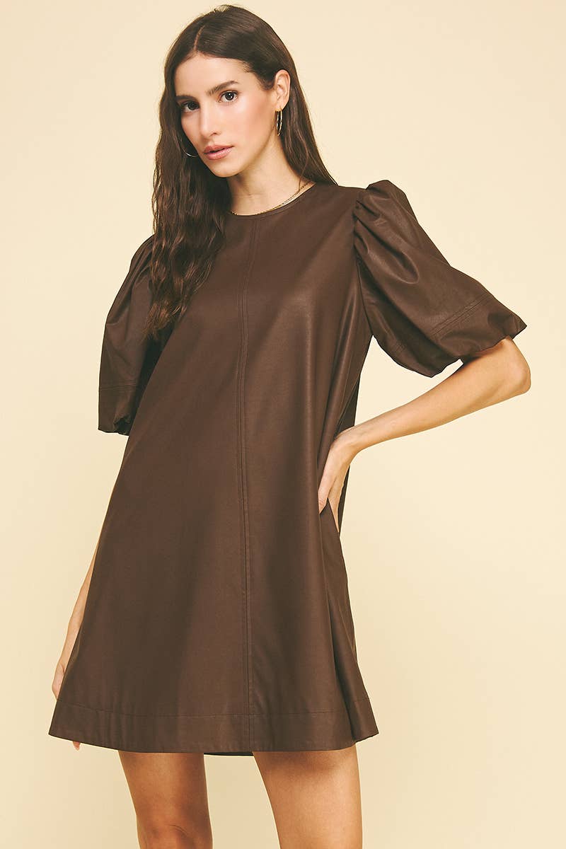 Faux Leather Puff Sleeve Dress in Chocolate
