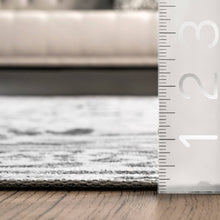 Load image into Gallery viewer, A stylish gray and white rug with intricate patterns, perfect for adding elegance to any space. Made of 100% polyester, machine-made in China.
