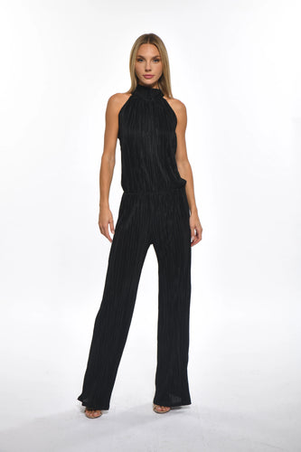 Elegant black pleated jumpsuit by Julian Chang. Features high mock neck, halter style straps, sleeveless bodice, straight waistband, long straight leg pant.