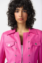 Load image into Gallery viewer,  Enhance your wardrobe with this elegant pink leather jacket, featuring unique metal details, suitable for both casual and formal occasions.

