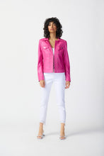 Load image into Gallery viewer, Fashionable woman in a pink leather jacket and white jeans, flaunting a classic straight silhouette and chic metal embellishments.

