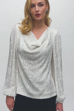 Load and play video in Gallery viewer, A chic sequined top with a draped cowl neckline, ideal for creating a sophisticated style with any bottom wear.
