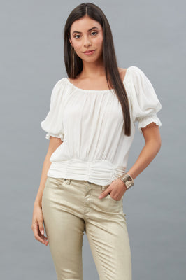 Flowy Rushed Eggshell Top from Lola & Sophie: Lightweight, breathable fabric for all-day comfort. Embrace your risks with a daring look.