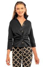 Load image into Gallery viewer, Black twisted blouse, versatile for casual or formal wear, pairs well with jeans, skirts, or trousers for year-round style.
