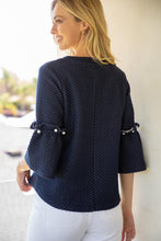 Load image into Gallery viewer, navy blue and white bell sleeve polka dot top
